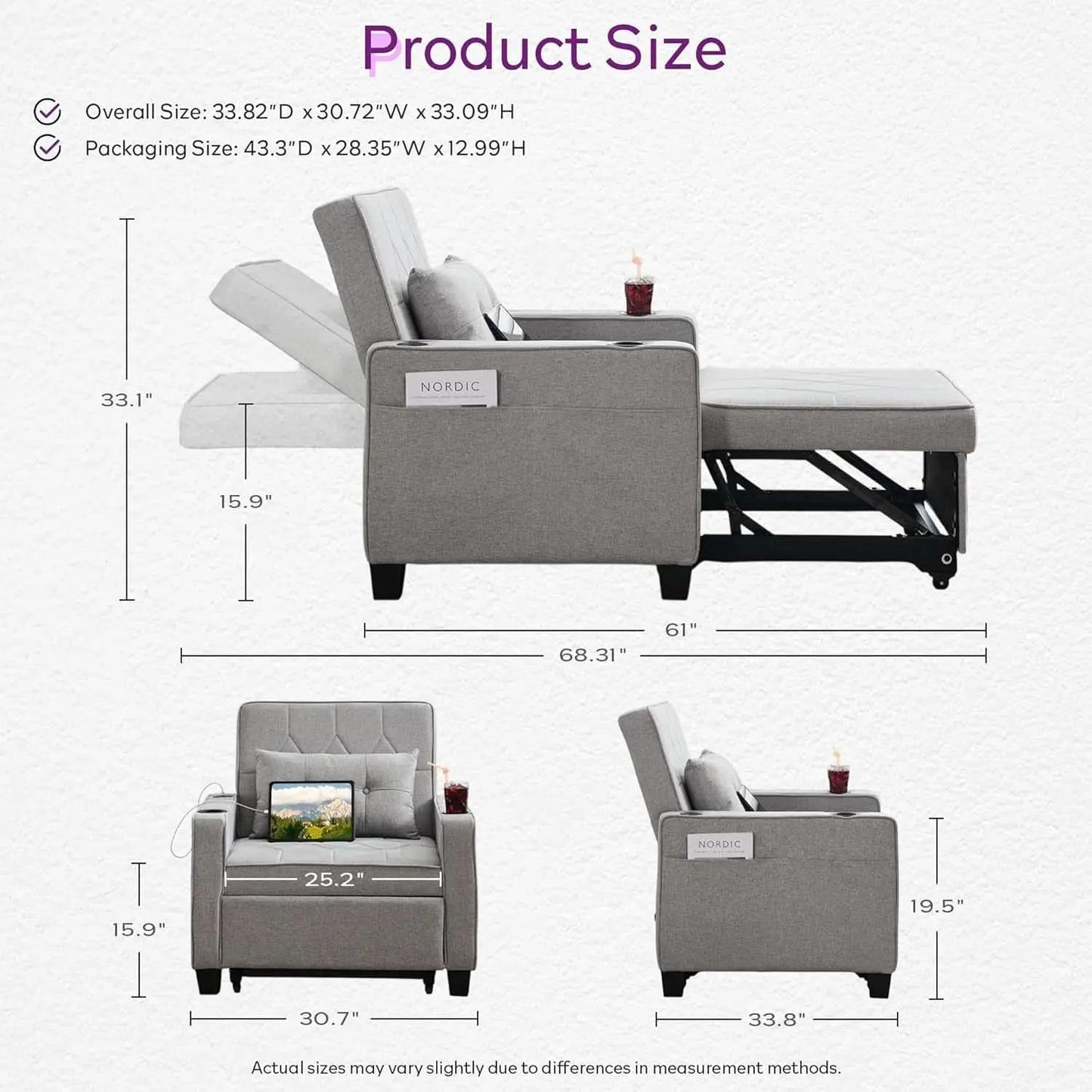 Charcoal Grey Convertible Sleeper Chair With USB Ports from PriceLows™