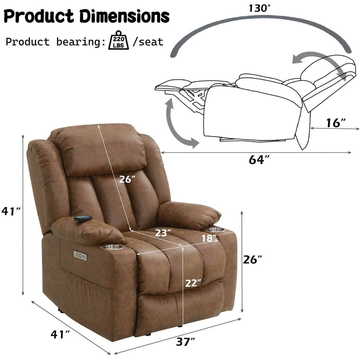 Aire Power Motion Recliner With Lift Heating Massage Function - Massage Chair | 41 x 37 x 41 in | Living Room Furniture | Brown