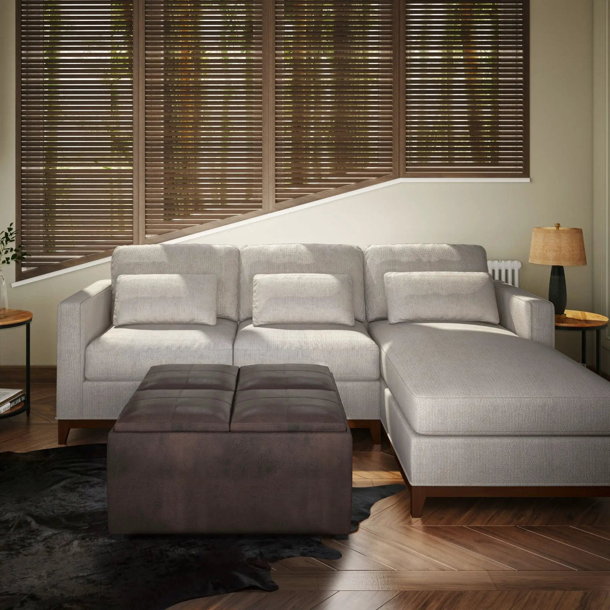 Avalon Upholstered Storage Ottoman | Vegan Leather | Four Flip Over Serving Trays | 35 Inch Width