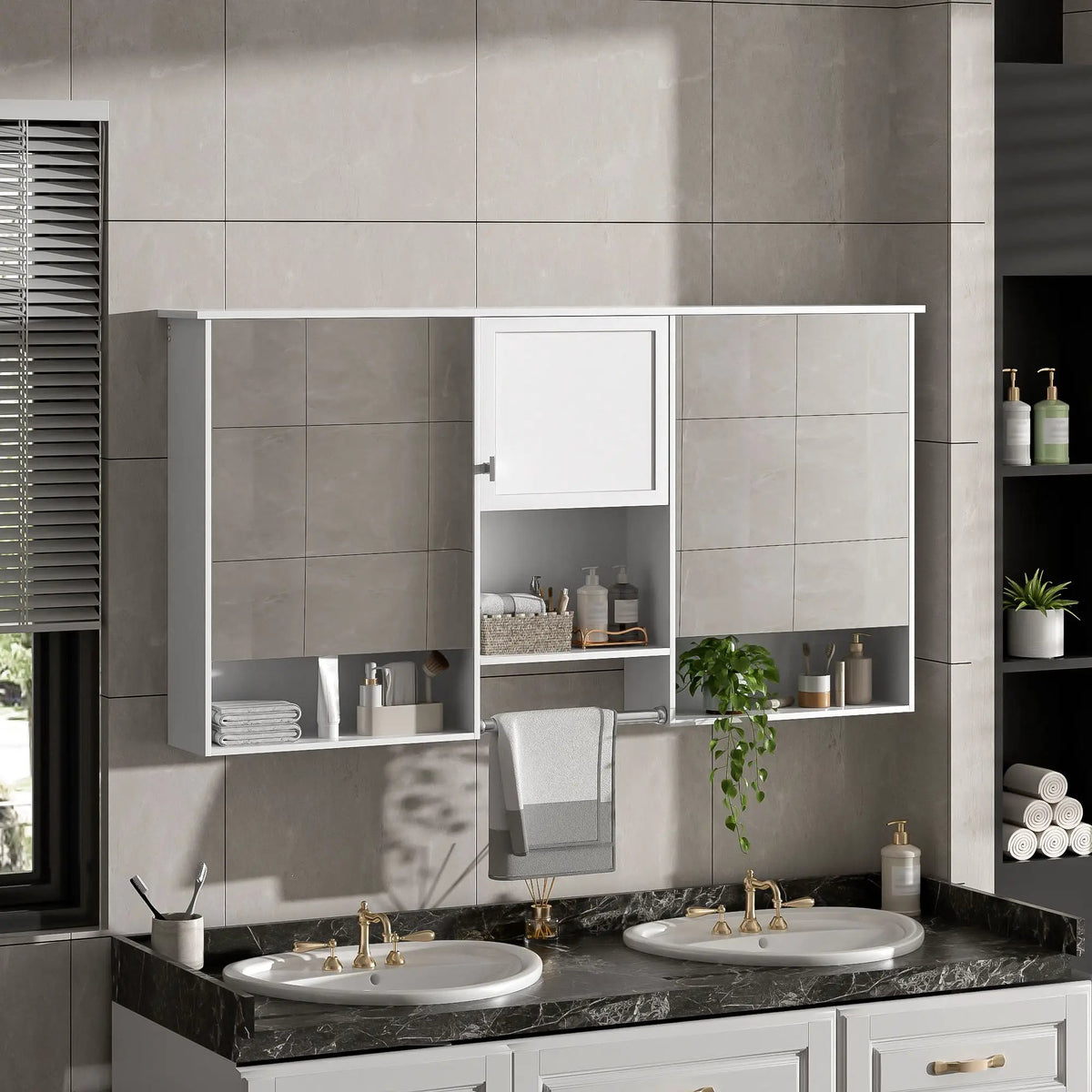 White Wall-Mount Mirror Cabinet | 55 Inch Width | 3-In-1 Design | Soft-Closing Hinges