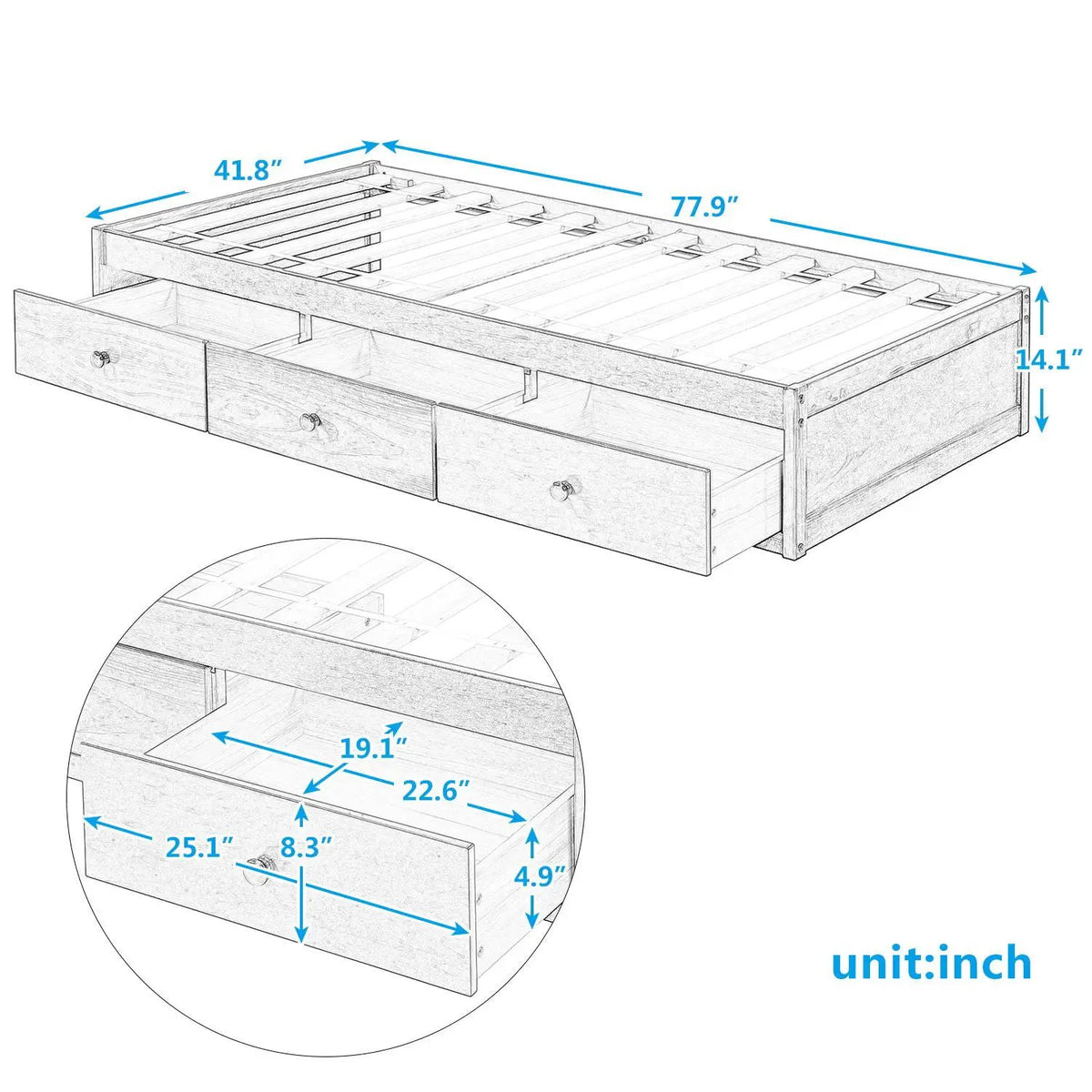 Platform Storage Bed | Solid Wood | 3 Drawers | Twin White