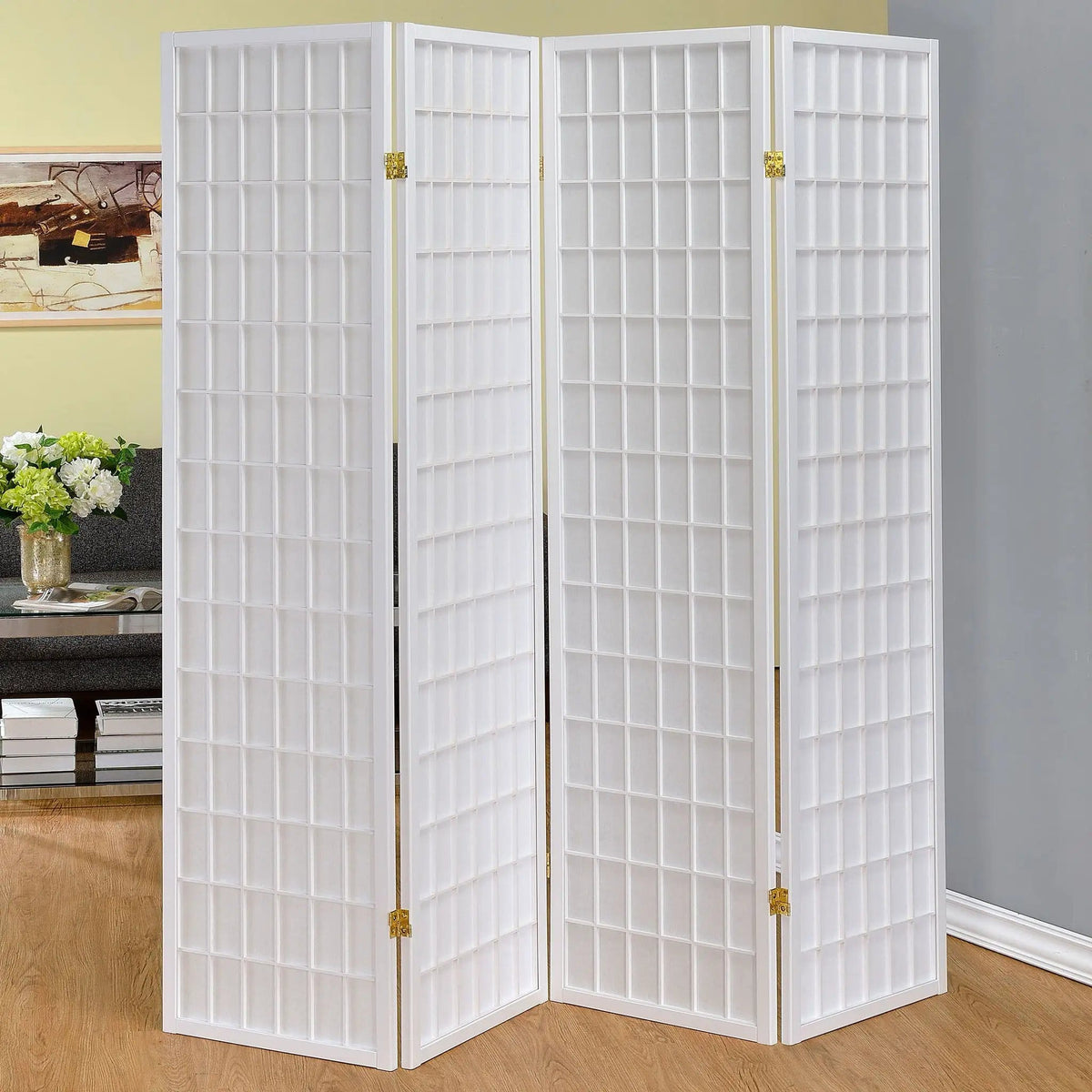 Roberto 4-Panel Room Divider Folding Shoji Screen | 69.5 x 0.75 x 70.25 in | Rubberwood & Fabric | White