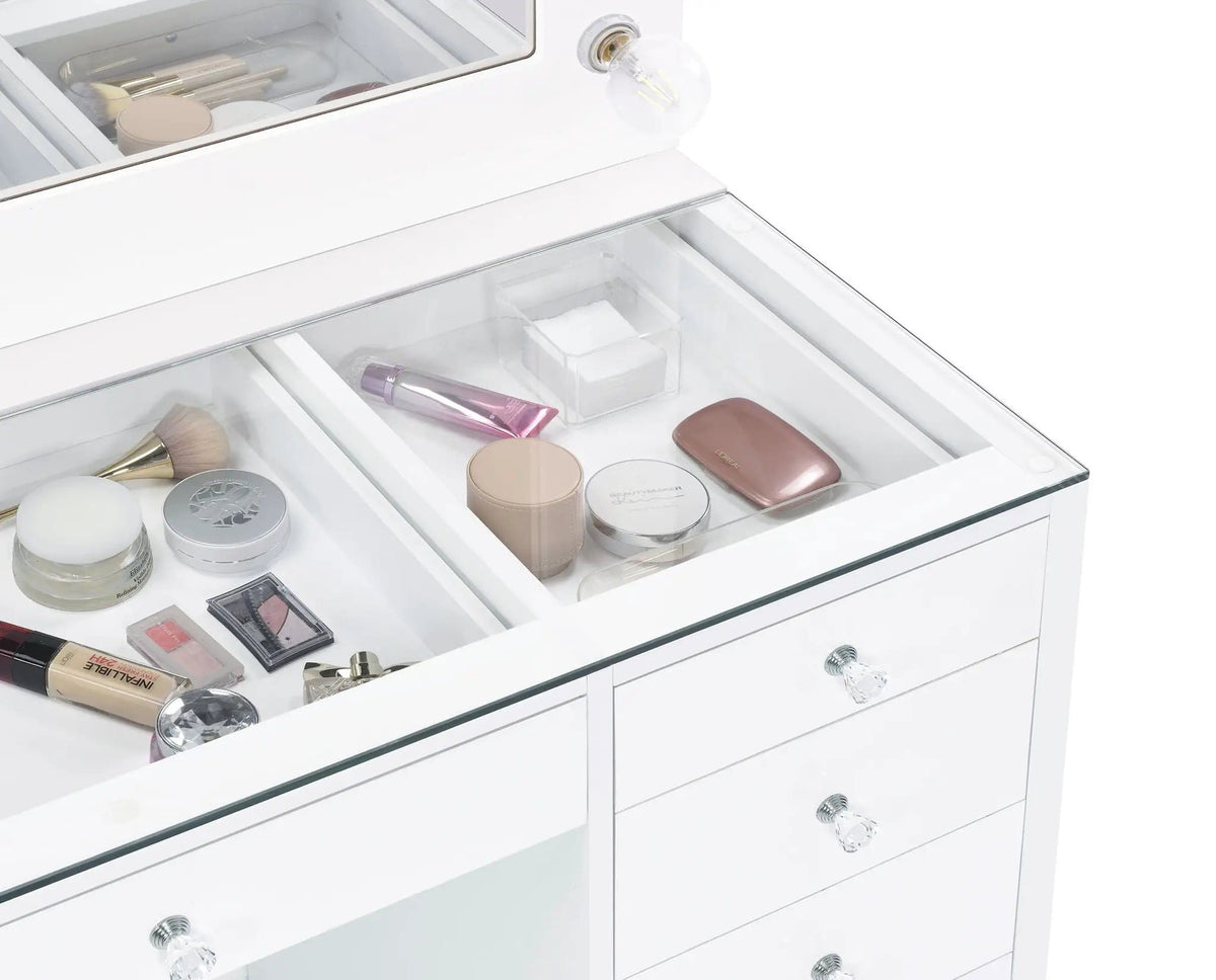 Acena 7-drawer Vanity Set with Lighting White High Gloss | 46.5 x 18.5 x 61.5 in | Tempered Glass & Crystal | Bathroom