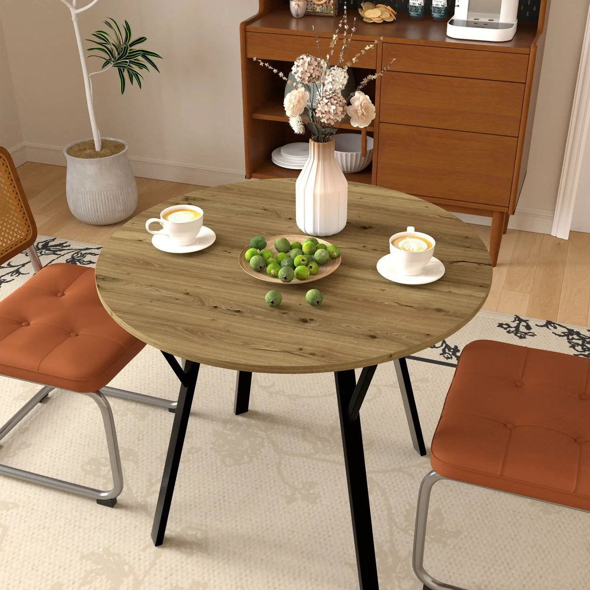 Round Dining Table | Rustic Brown MDF Top | Black Steel Legs | Seats 2-4