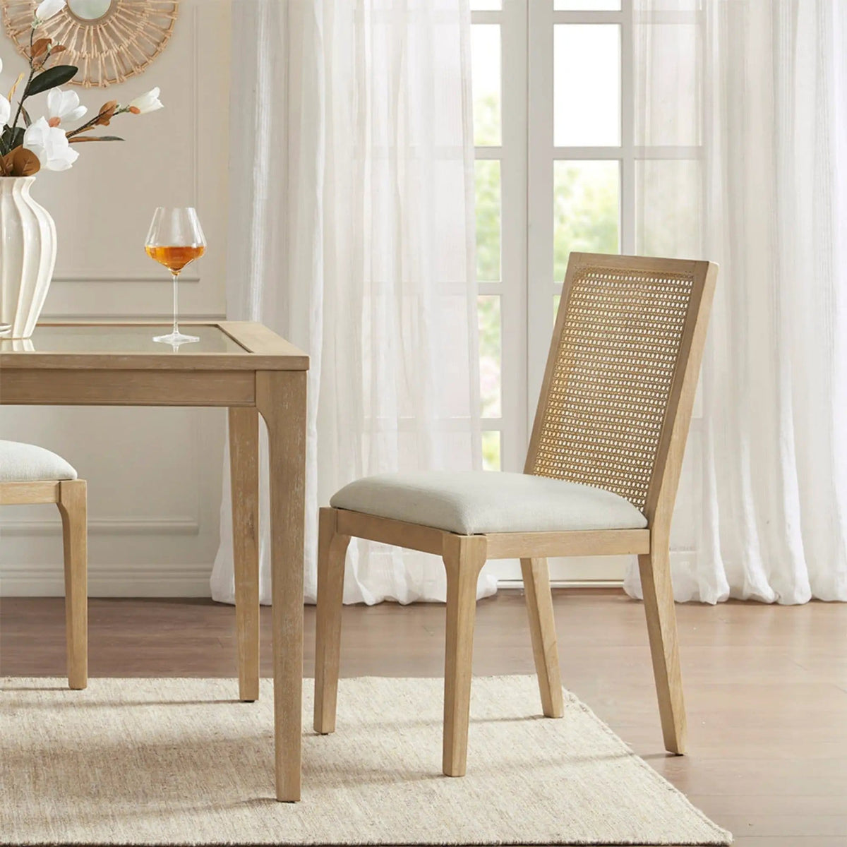 Dining Chair With Synthetic Cane Back And Upholstered Seat (Set of 2) - | Chair Set | Solid Wood | Natural