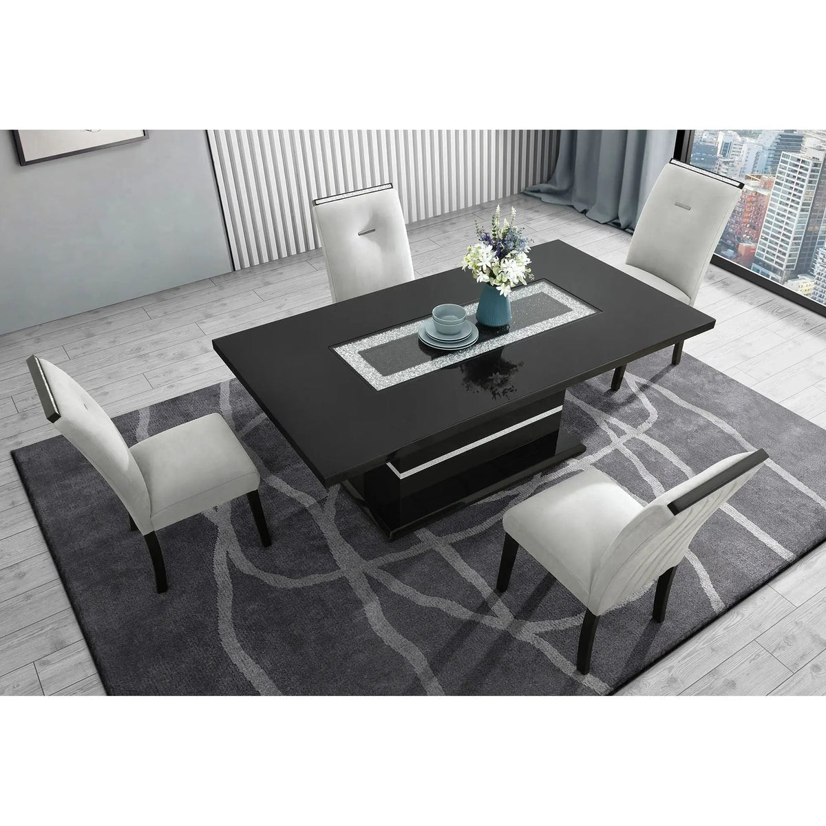 Ariya Dining Table | 79 Inch Width | High Gloss Finish | Glitter Detailing