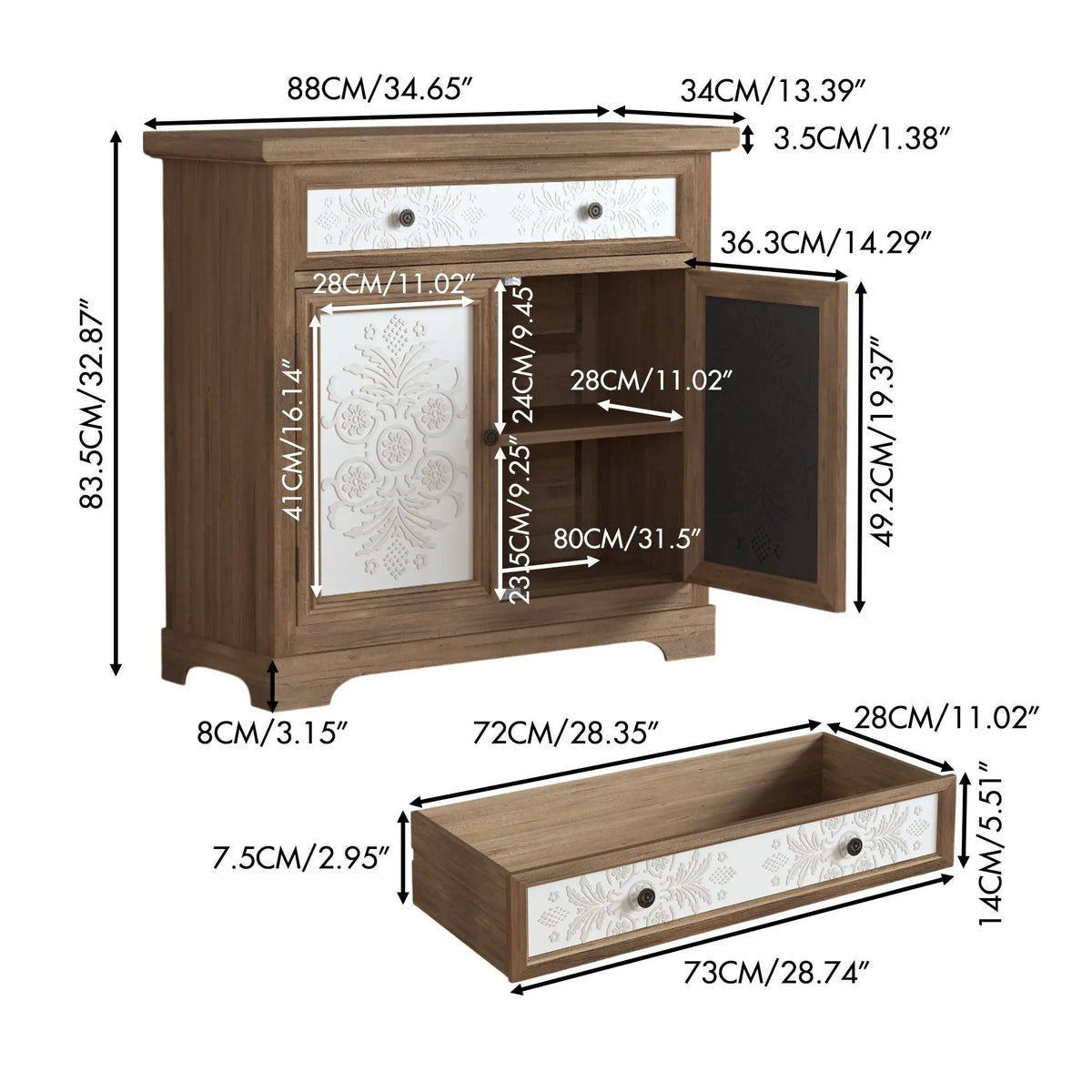 Accent Cabinet | Carved Floral Panels | Distressed Finish | Antique Brown