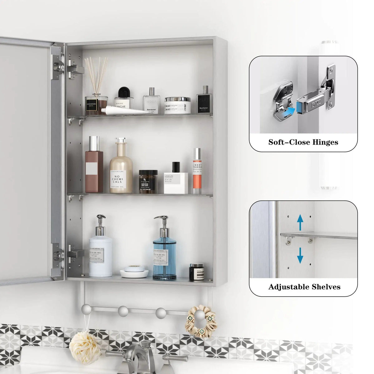 Medicine Cabinet, Wall Mounted Bathroom Mirror With Storage, Adjustable Shelves - | 24 x 16 x 4.8 in | Bathroom Furniture | Silver