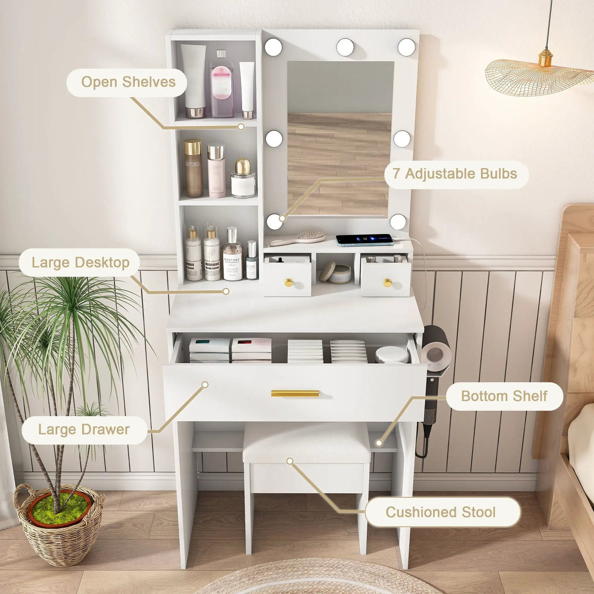 Vanity Table | LED Mirror | Power Outlet | Includes Stool