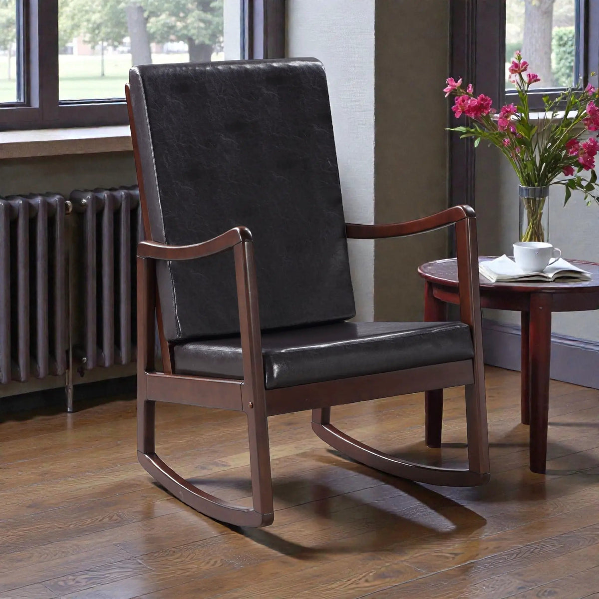 Raina Rocking Chair | Synthetic Leather | Espresso Finish | Rubber Wood Frame