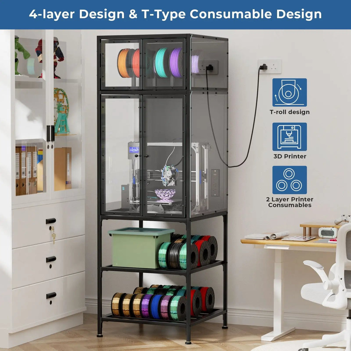 3D Printer Cabinet | Double Layer Filament Storage | T-Shaped Filament Bar | Noise Reducing Dust Proof