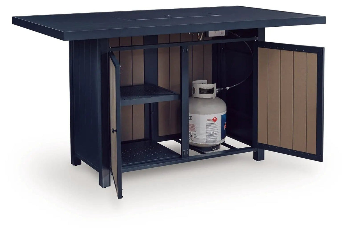East Beach Rectangular Bar Table With Fire Pit | 70 x 42 x 39 in | Glass & Stainless Steel | Blue
