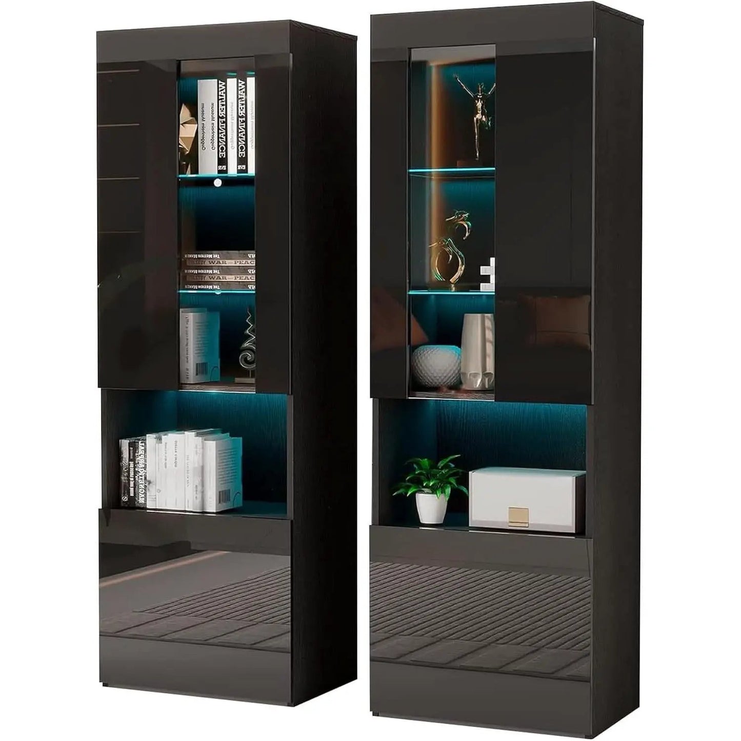 Two Piece 71 Inch Tall Bookcase Storage Cabinet With Glass Doors Set Of Two For Living Room And Office from PriceLows™