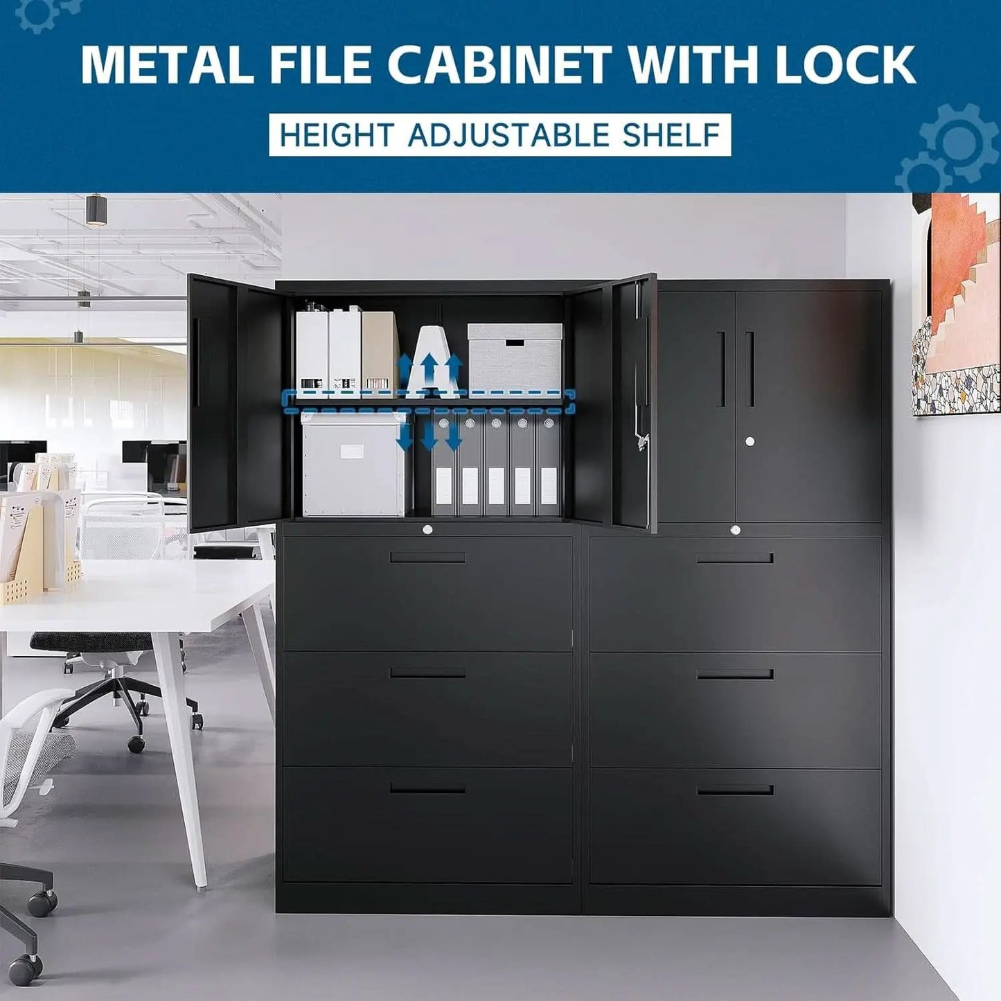 Three Drawer Metal File Cabinet Locking With Storage Shelves Black For Legal Letter A4 Documents from PriceLows™