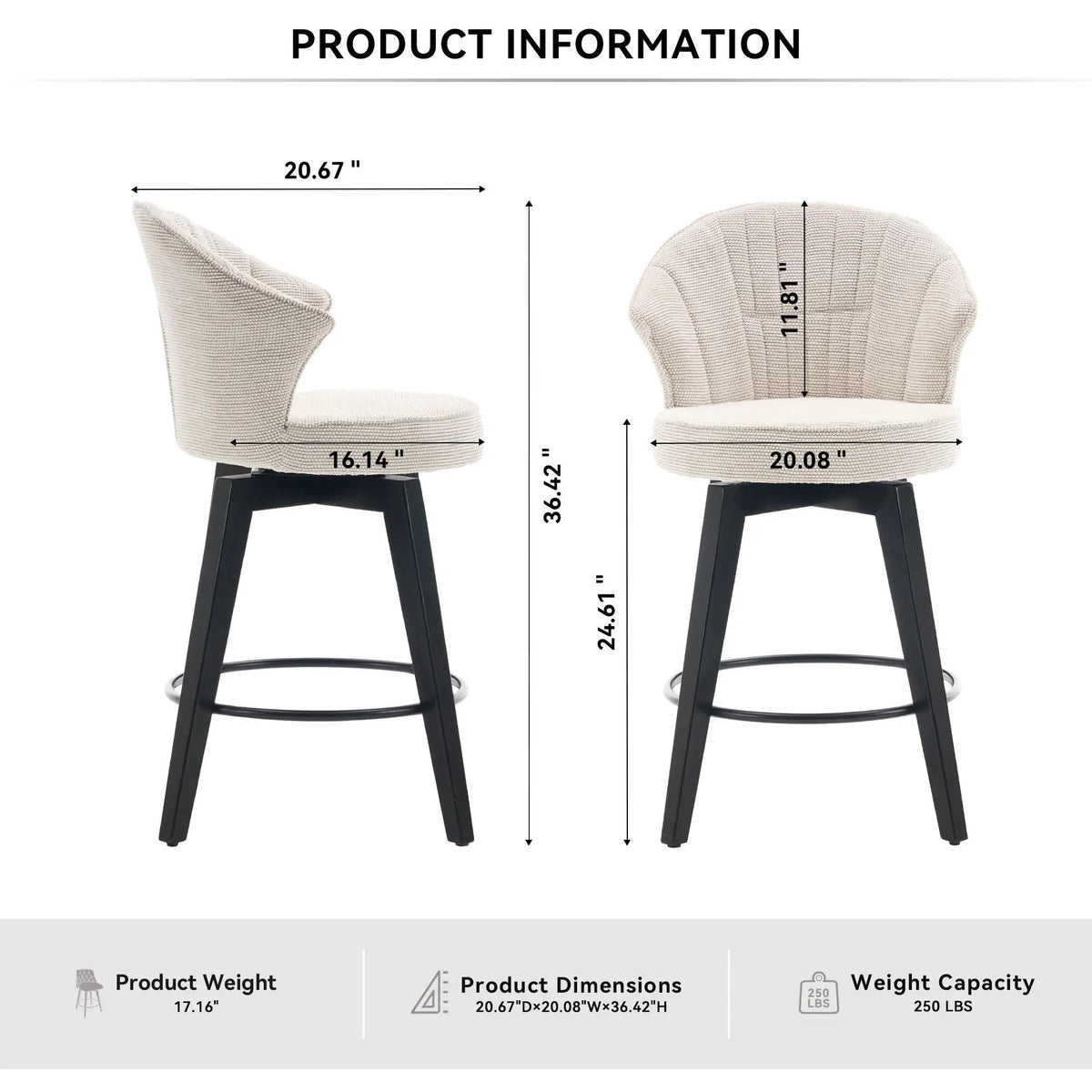 Wing Back Swivel Bar Stools | Set Of 2 | 360 Degree Silent Swivel | Adjustable Leveling Feet