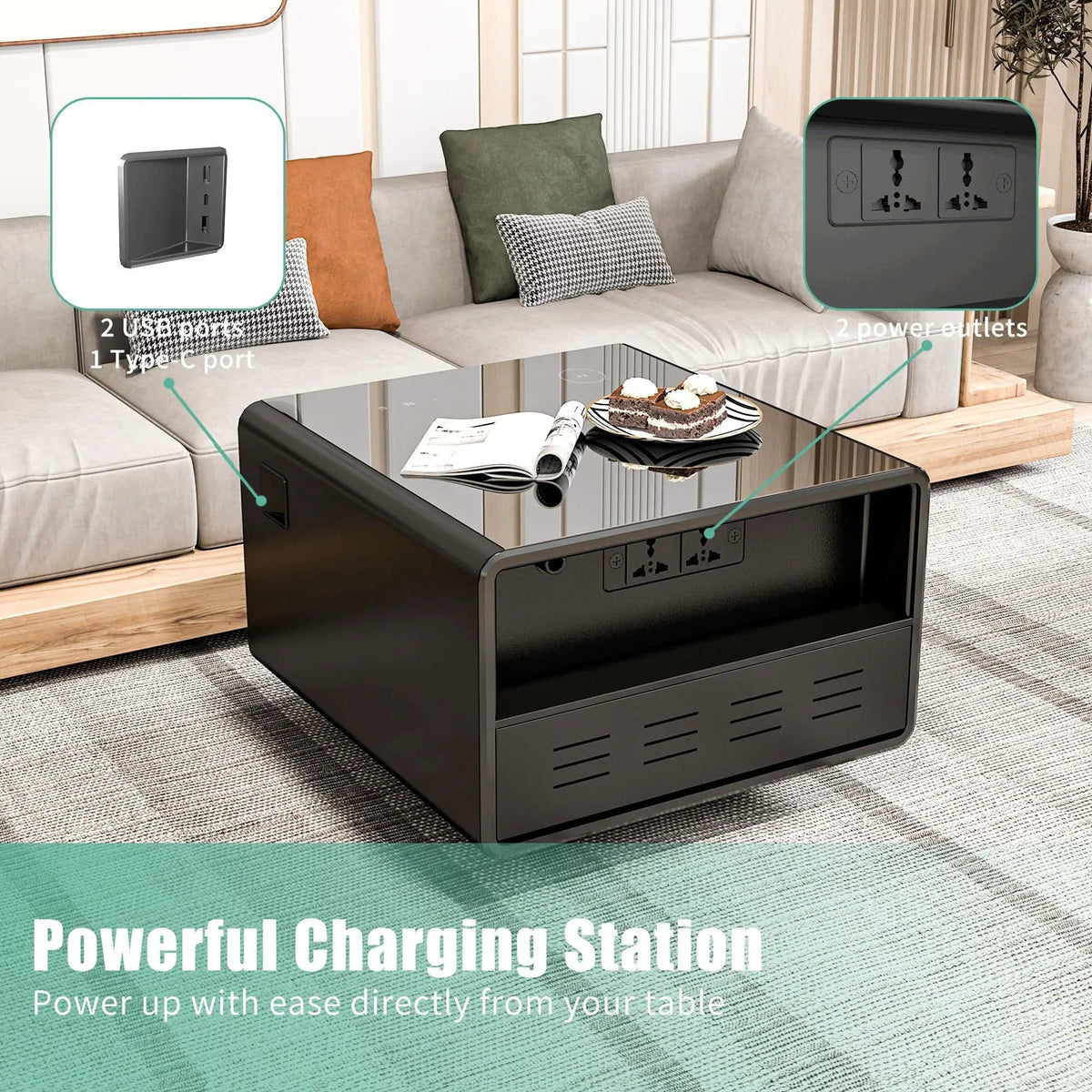 Modern Smart Side Table With Built-In Fridge, Wireless Charging, Temperature | 26.5 x 27.76 x 18.11 in | Living Room Furniture | Living Room