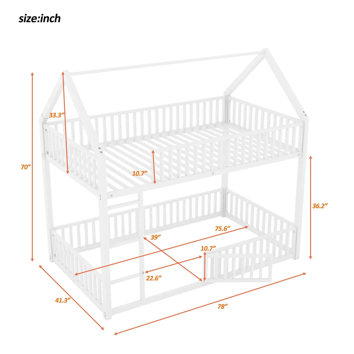 Metal House Bunk Bed | Twin Size | With Fence and Built-In Door