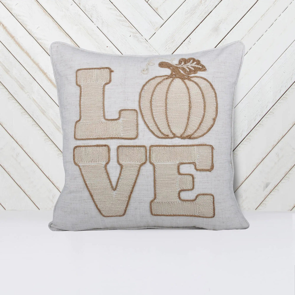 Love Pumpkin Embroidered Throw Pillow | Natural Beige Linen Blend | Textured LOVE Lettering | 20 x 20 Inch