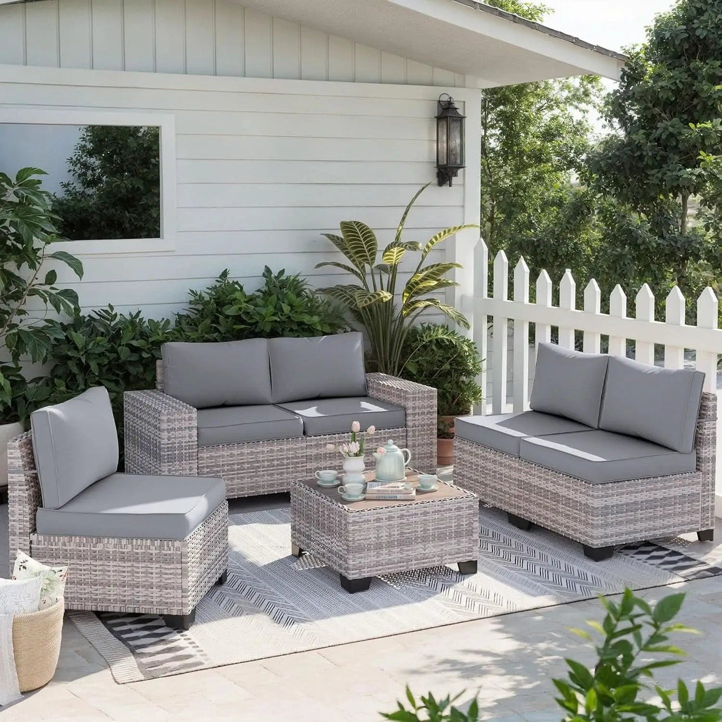 6-Piece Outdoor Wicker Patio Set With Grey Cushions from PriceLows™