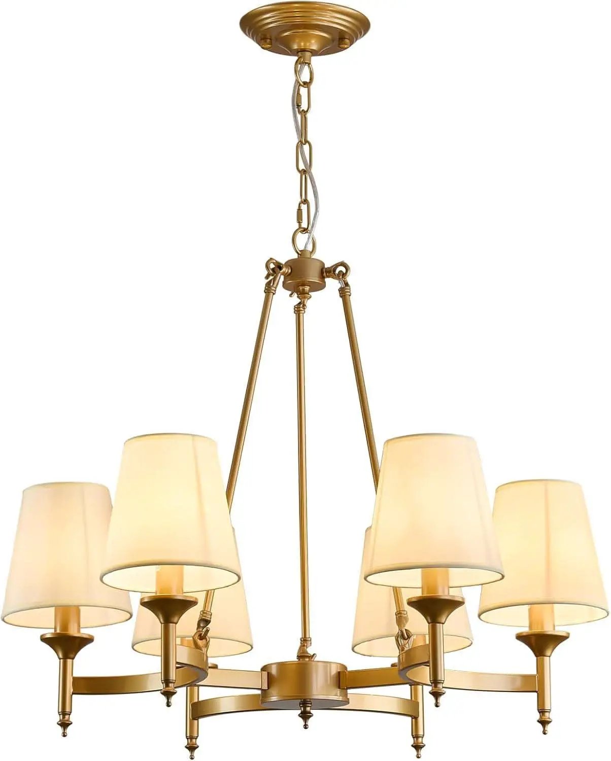 Gold Wagon Wheel Chandelier With White Linen Shade 6 Light from PriceLows™