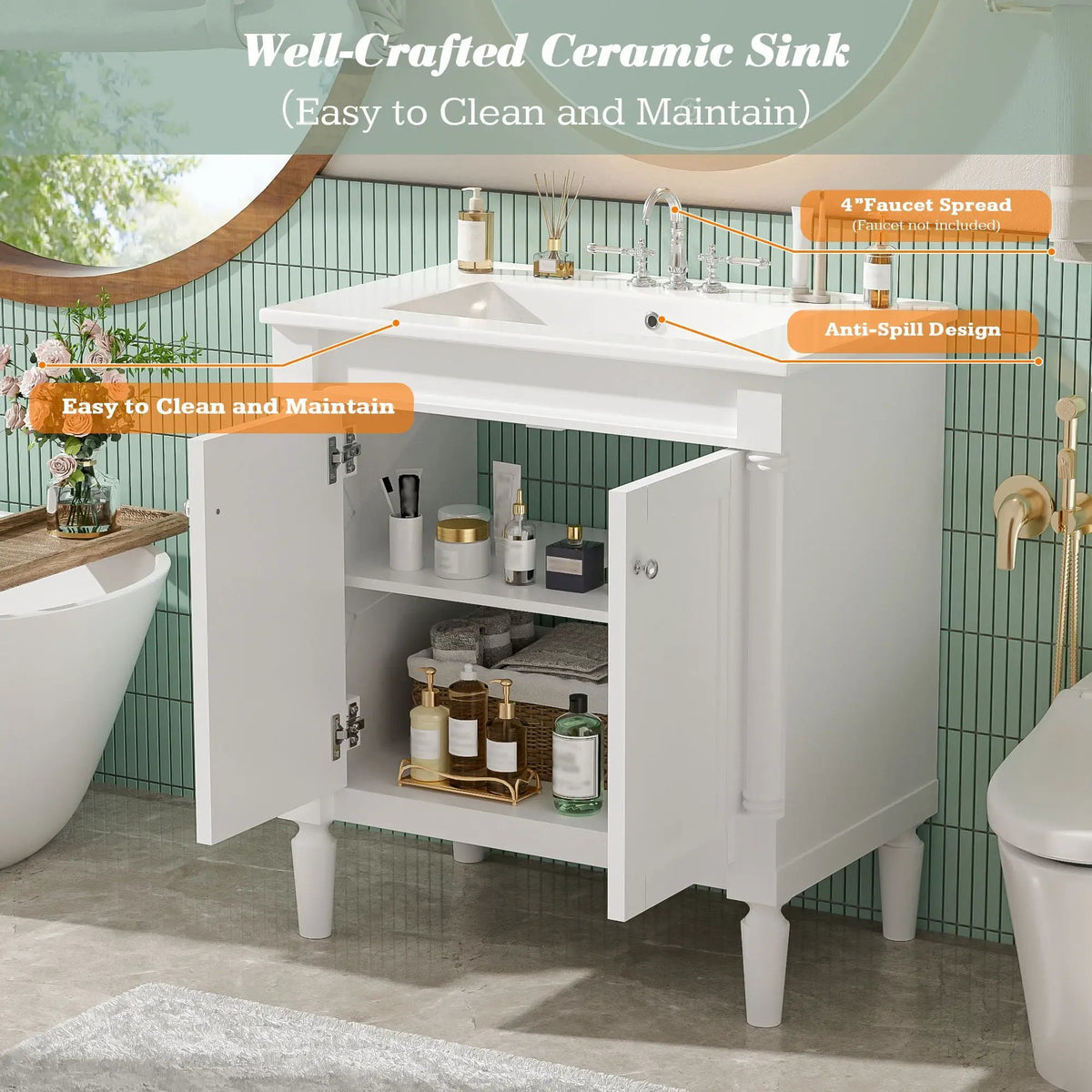 30 Inch Bathroom Vanity With Sink | Soft Close Doors | Carved French Detailing | Adjustable Shelf