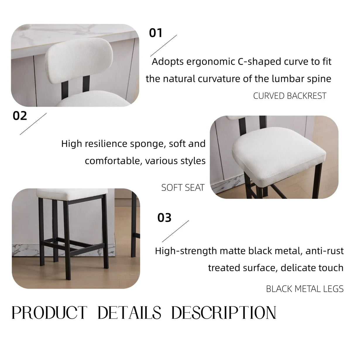 Modern Counter Height Stools (Set of 2) | 2 Pieces | Fabric & Metal | Home
