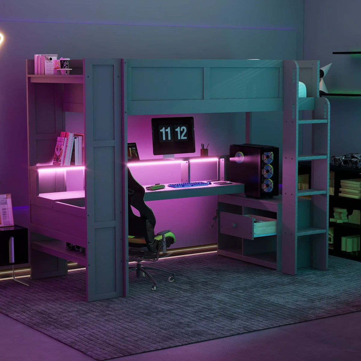 Gaming Loft Bed With Desk | Multi Storage Shelves | LED Lights | Charging Station