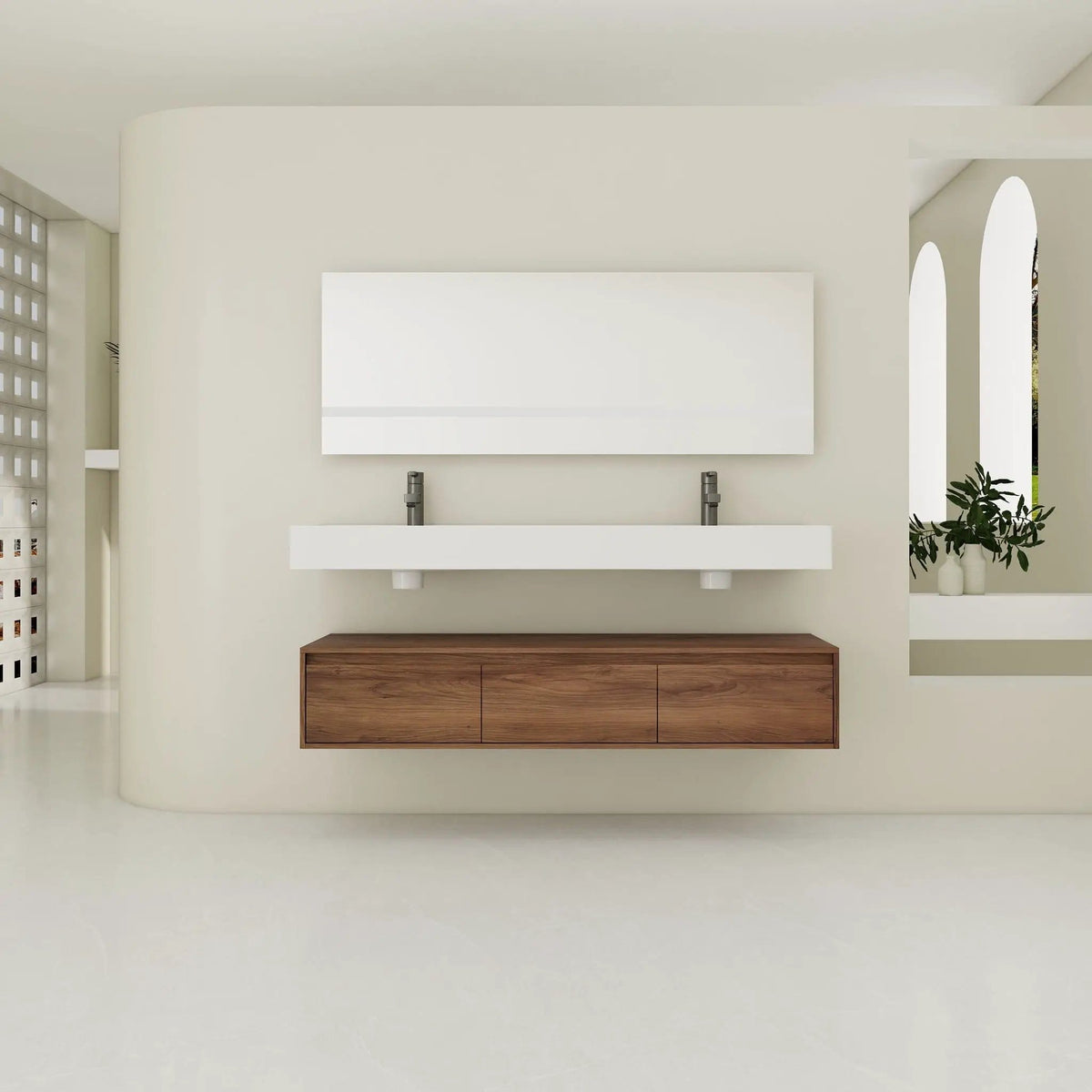 Contemporary Wall Mounted Bathroom Vanity With Dual Resin Sink And Soft Close Drawer | 2 Pieces | Plywood & Resin | Bathroom