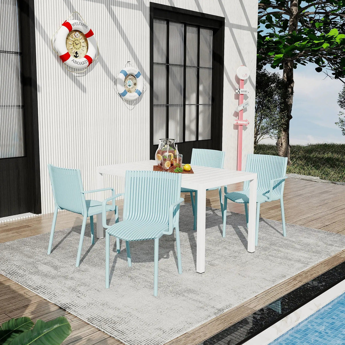 4 Modern Stackable Armchair Matched With Long Table 5 Piece Outdoor Set | 5 Piece Outdoor Set | Metal | Outdoor Living
