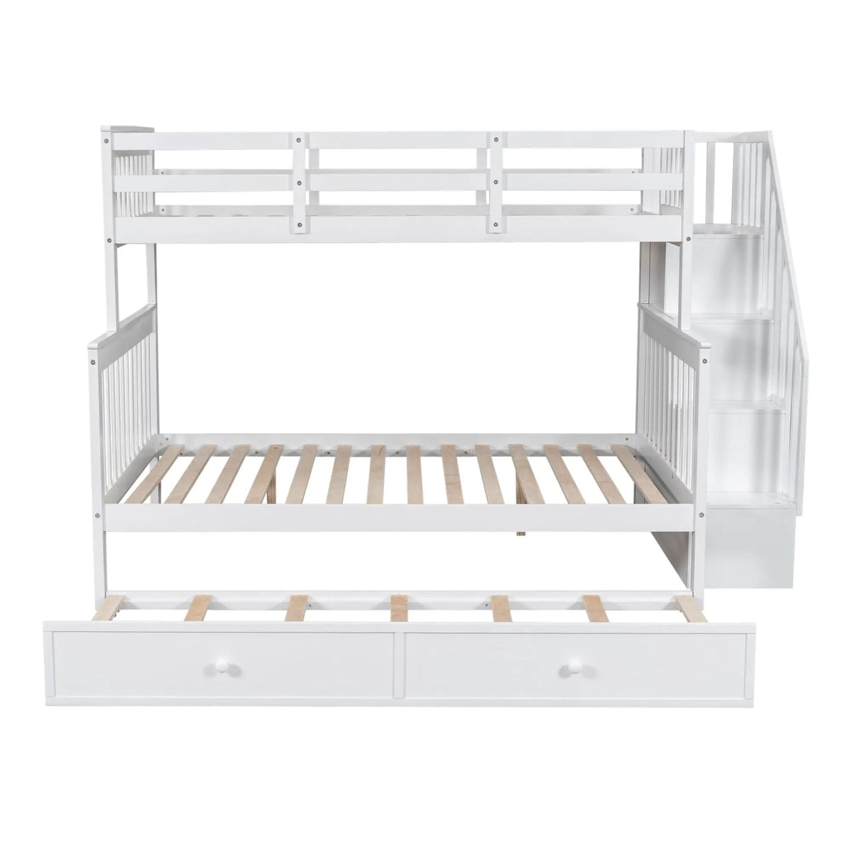 Twin Bunk Bed With Trundle | Hidden Stair Storage | Guard Rail | Bedroom Furniture