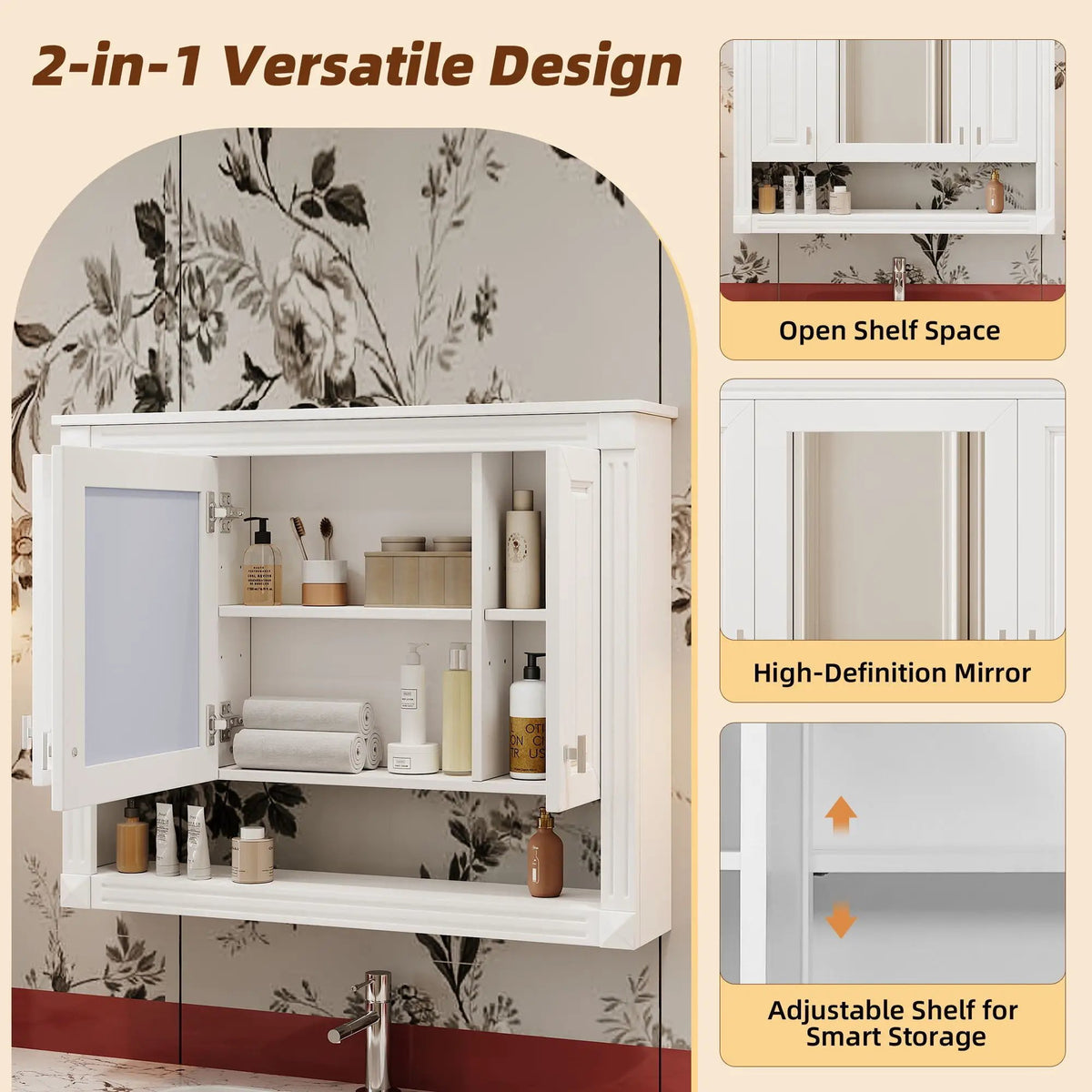 White Wall-Mounted Bathroom Cabinet | Mirror | Open Shelf | 35 Inch Width