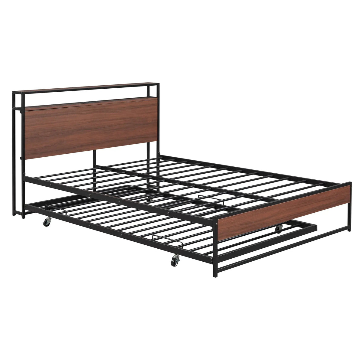 Platform Bed Frame With Trundle | USB Ports | Slat Support | Metal And Wood Build