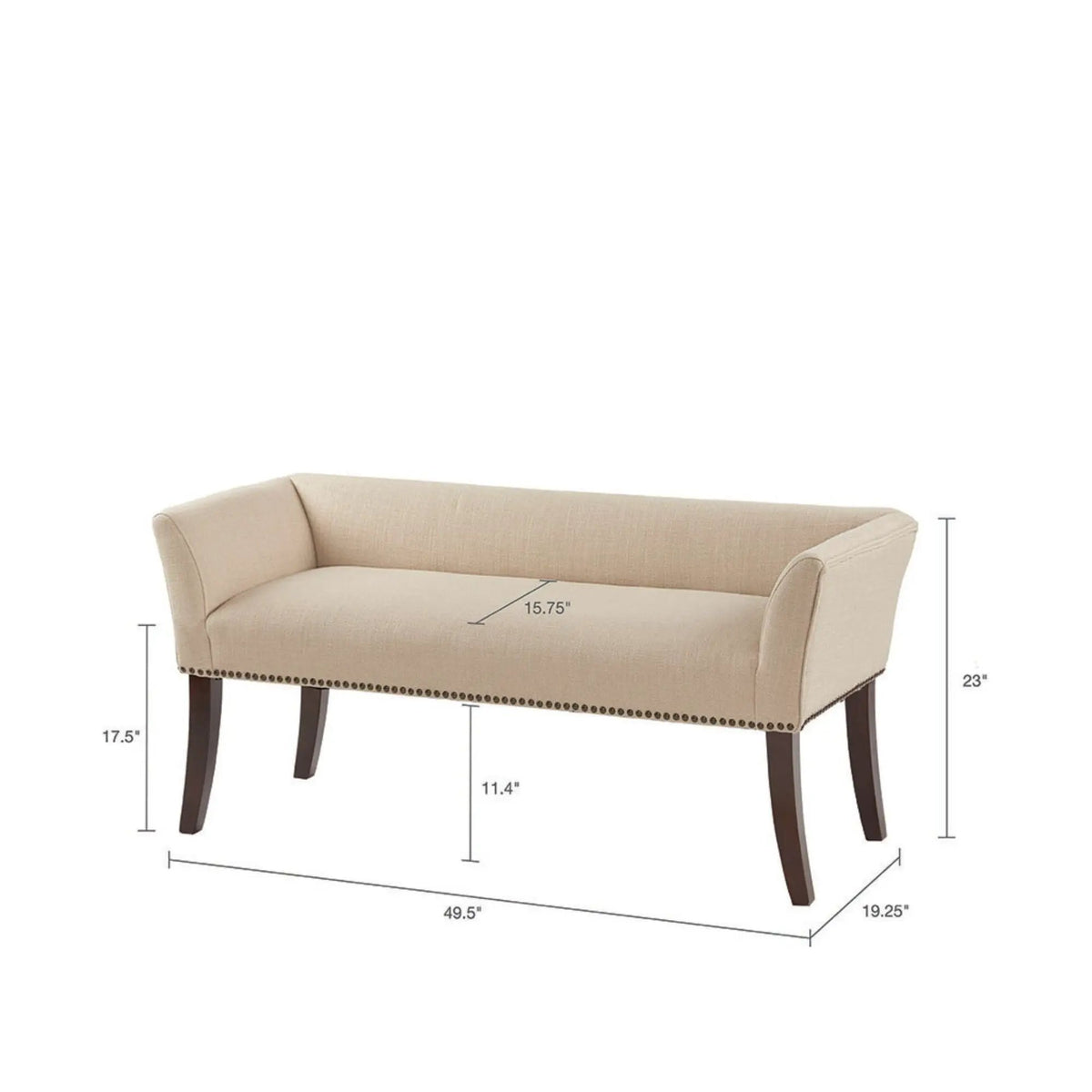 Upholstered Bench | Solid Wood Frame | Low Back And Flared Arms | Nailhead Trim