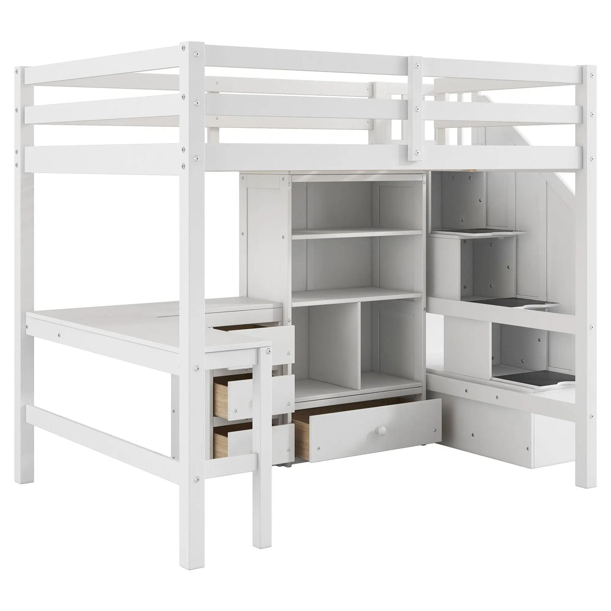 Loft Bed With L-Shaped Desk | Three Drawers | Cabinet | Storage Staircase