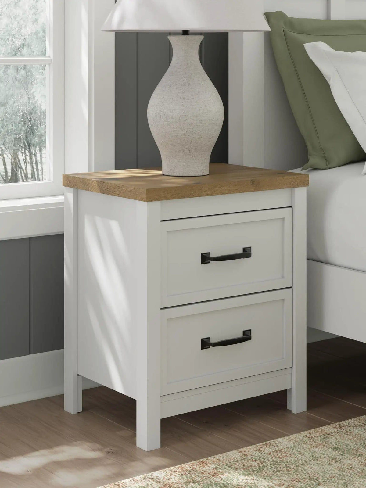 Kerisden Two Drawer Night Stand Accent Nightstand | 20.87 x 15.63 x 25 in | Engineered Wood & Mdf | White / Brown