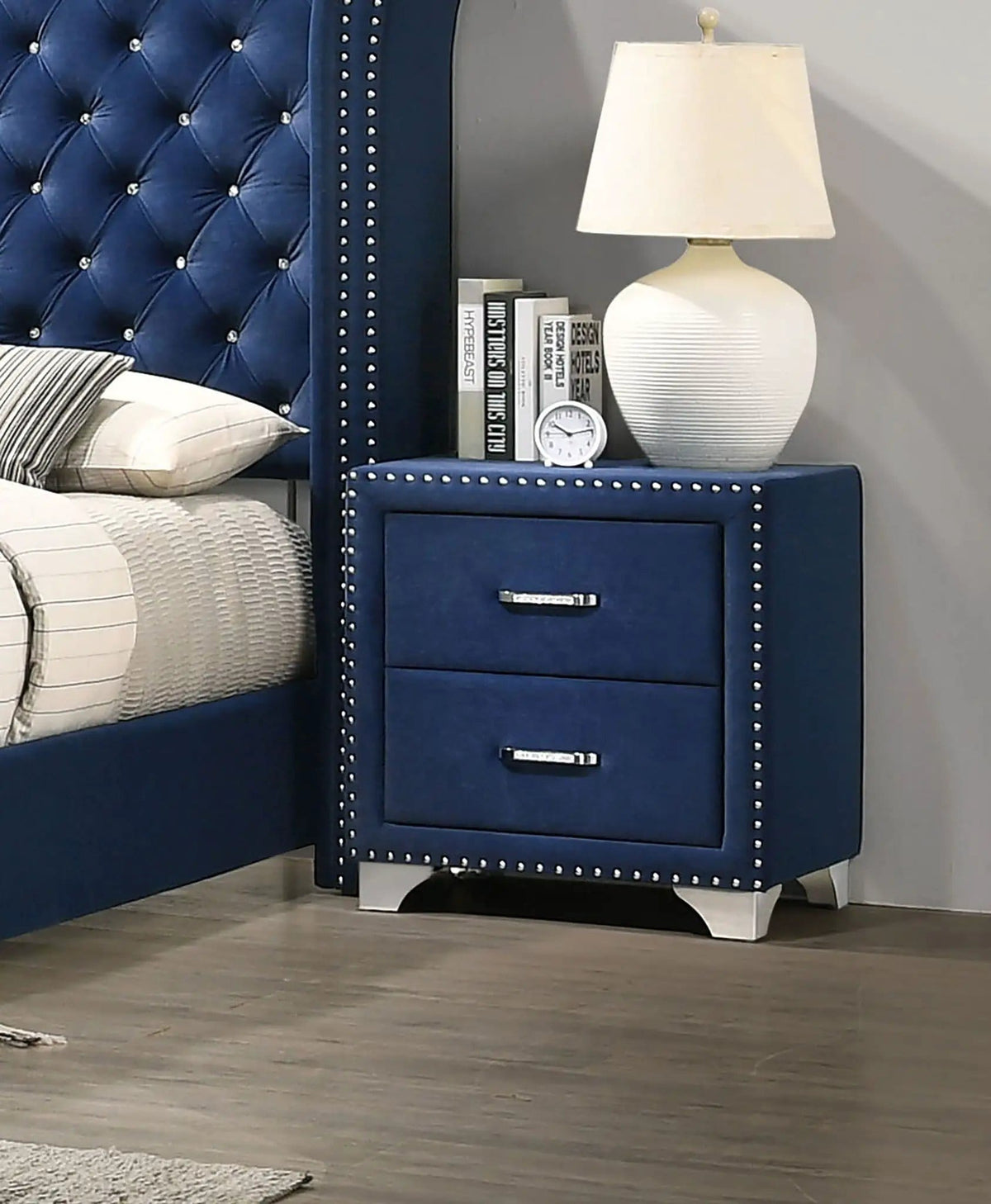 Melody Upholstered 2-drawer Nightstand Pacific | 24 x 19.5 x 25.5 in | Velvet & Metal | Blue