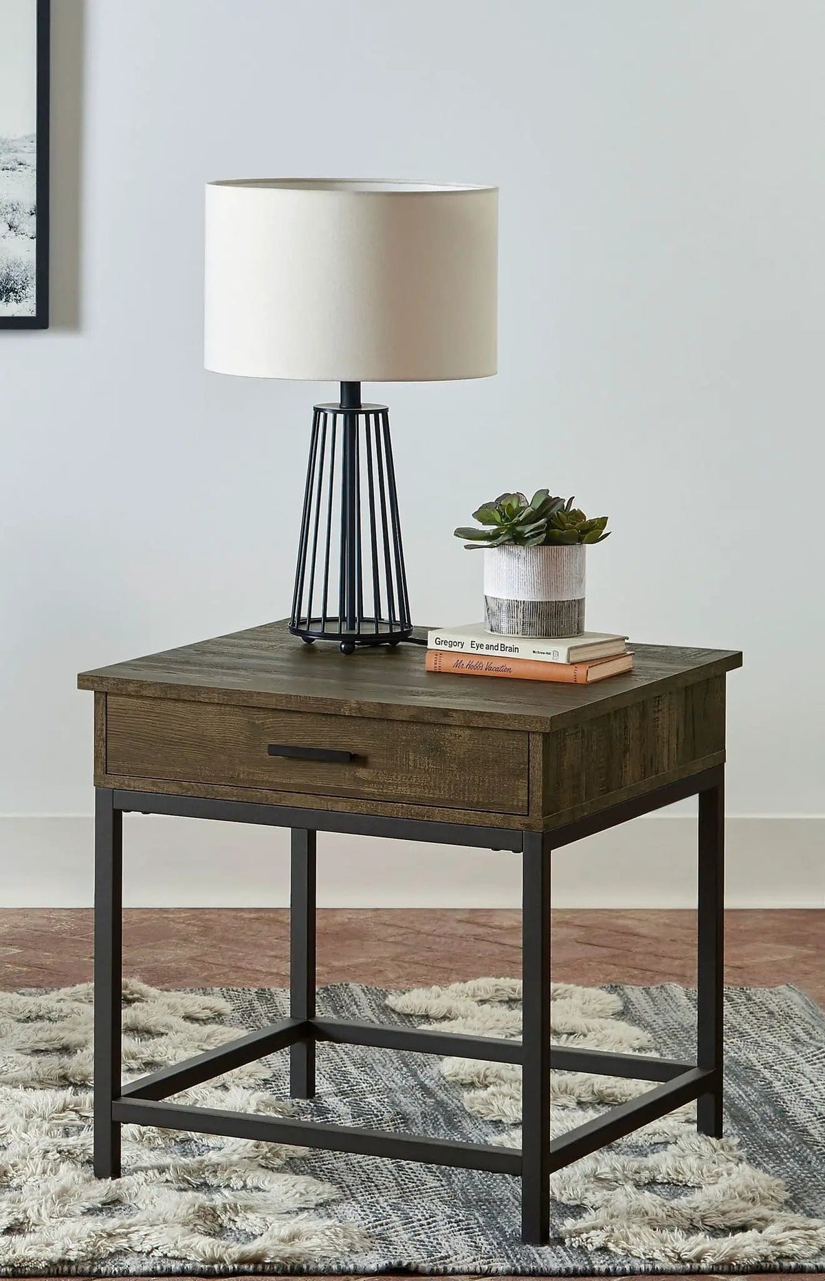 Byers 1-drawer Square Engineered Wood End Table Brown | 23.5 x 23.75 x 24.25 in | Engineered Wood & Metal | Oak