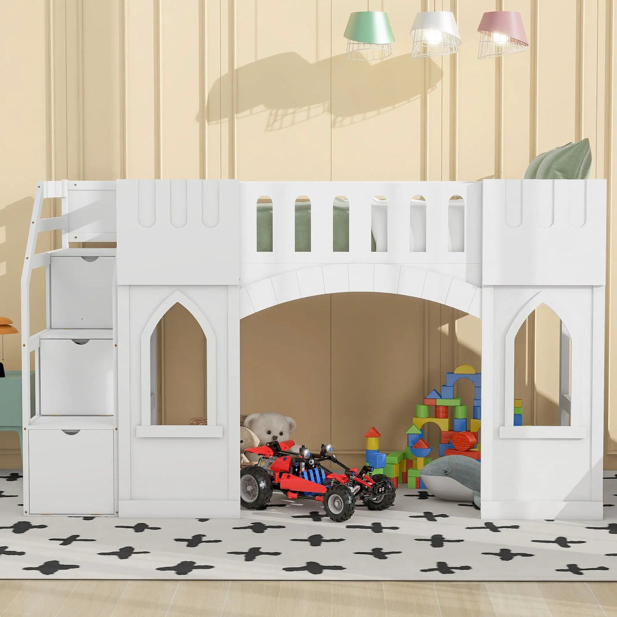 Kids Wooden Loft Bed | Storage Staircase | Dual Windows
