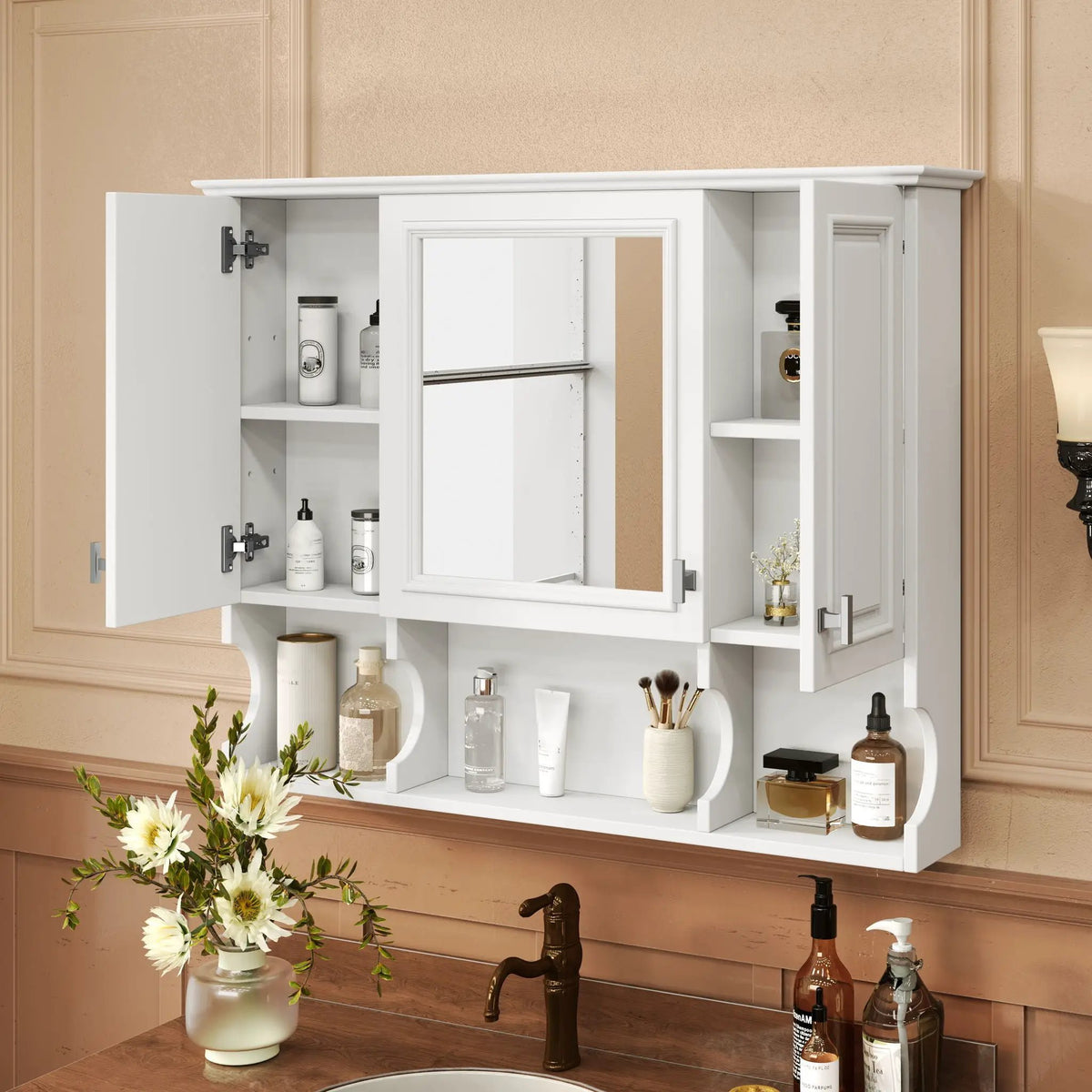 Wall Mounted Medicine Cabinet | Mirror | Open Shelves | 35 Inch Width