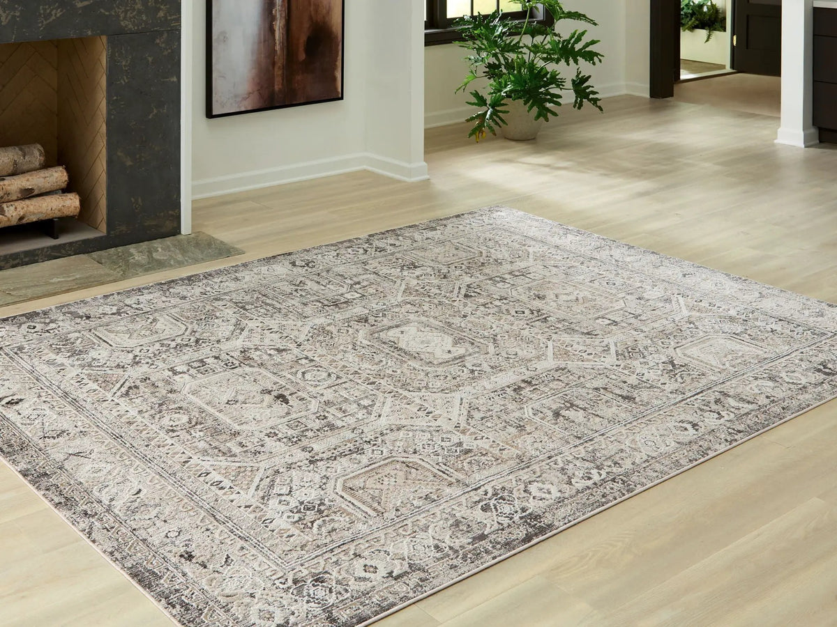 Junley Area Rug | 94 x 120 Inch | Aztec-Inspired Design | Neutral Tones