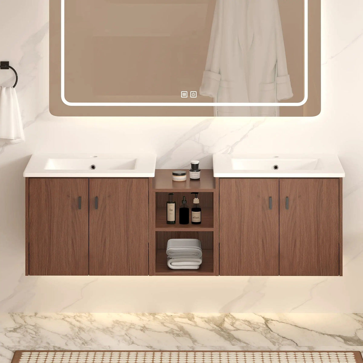 Soft Close Doors Bathroom Vanity With Small Storage Shelves, 24" And 12" Combination | 24 Inch | Mdf & Resin | Brown