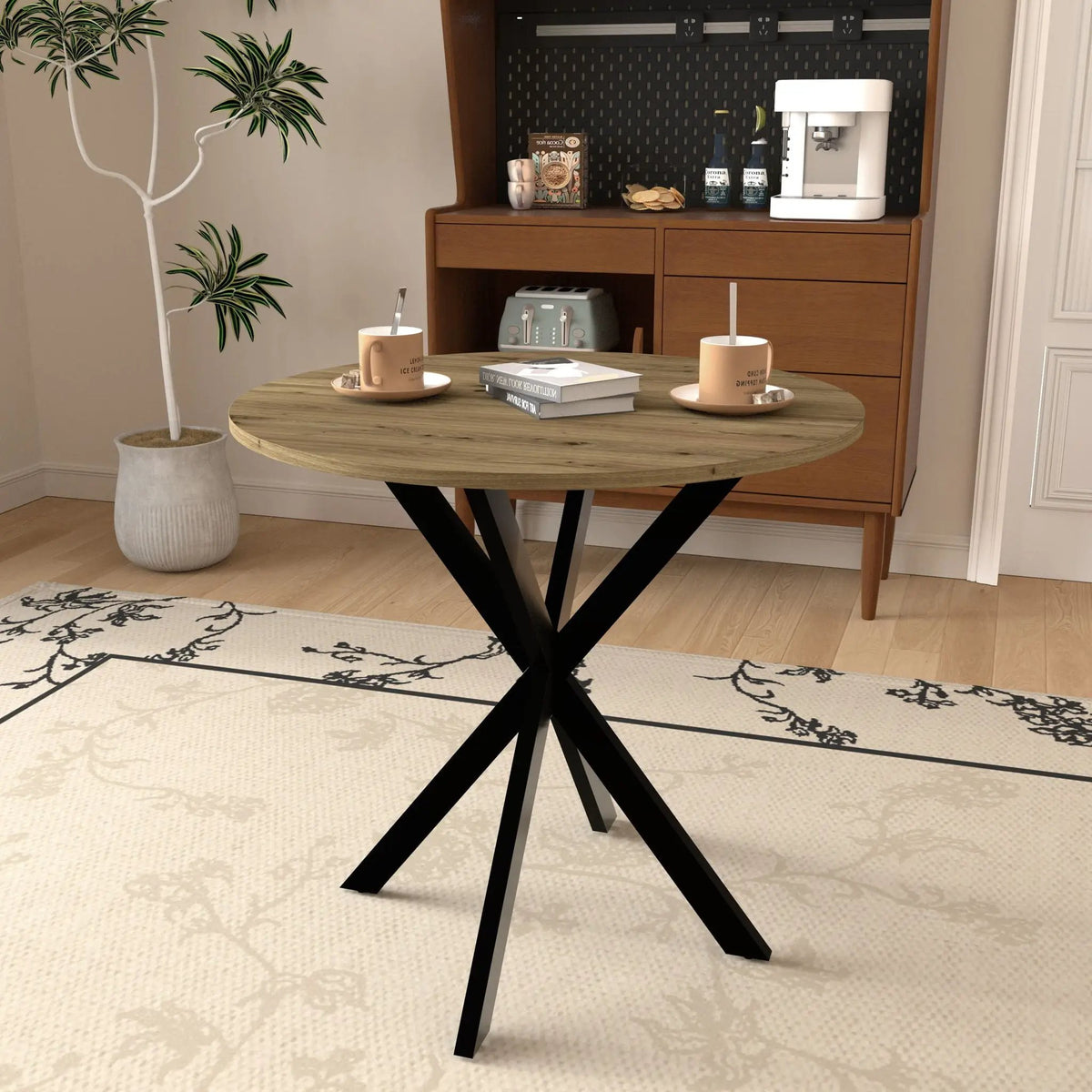 Round Dining Table | Industrial Metal Base | Rustic Brown Top | 31.5 Inch