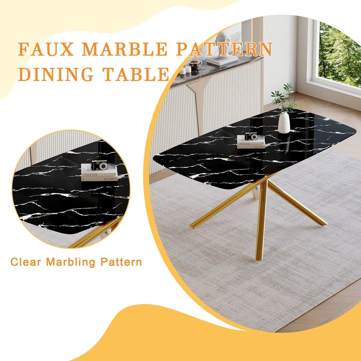 Luxurious Marble Patterned Dining Table With Metal Fork Legs | 63 x 35.4 x 30 in | Marble & Tempered Glass | Dining Room