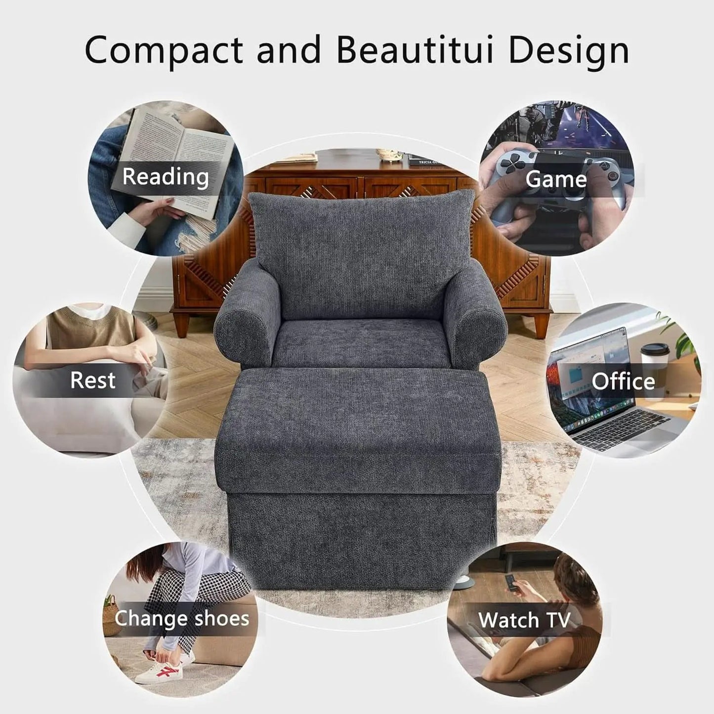 Gray 35 Inch Accent Chair With Ottoman And Chaise Lounge from PriceLows™