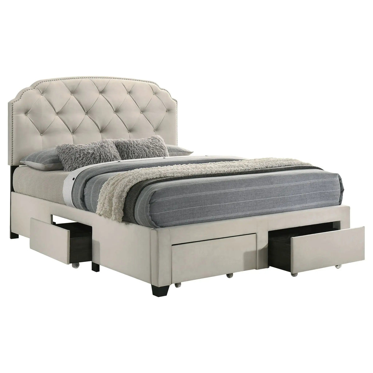 Marianna 4-drawer Upholstered Queen Storage Bed | 64.25 x 88.5 x 52.25 in | Rubberwood & Engineered Wood | Cream