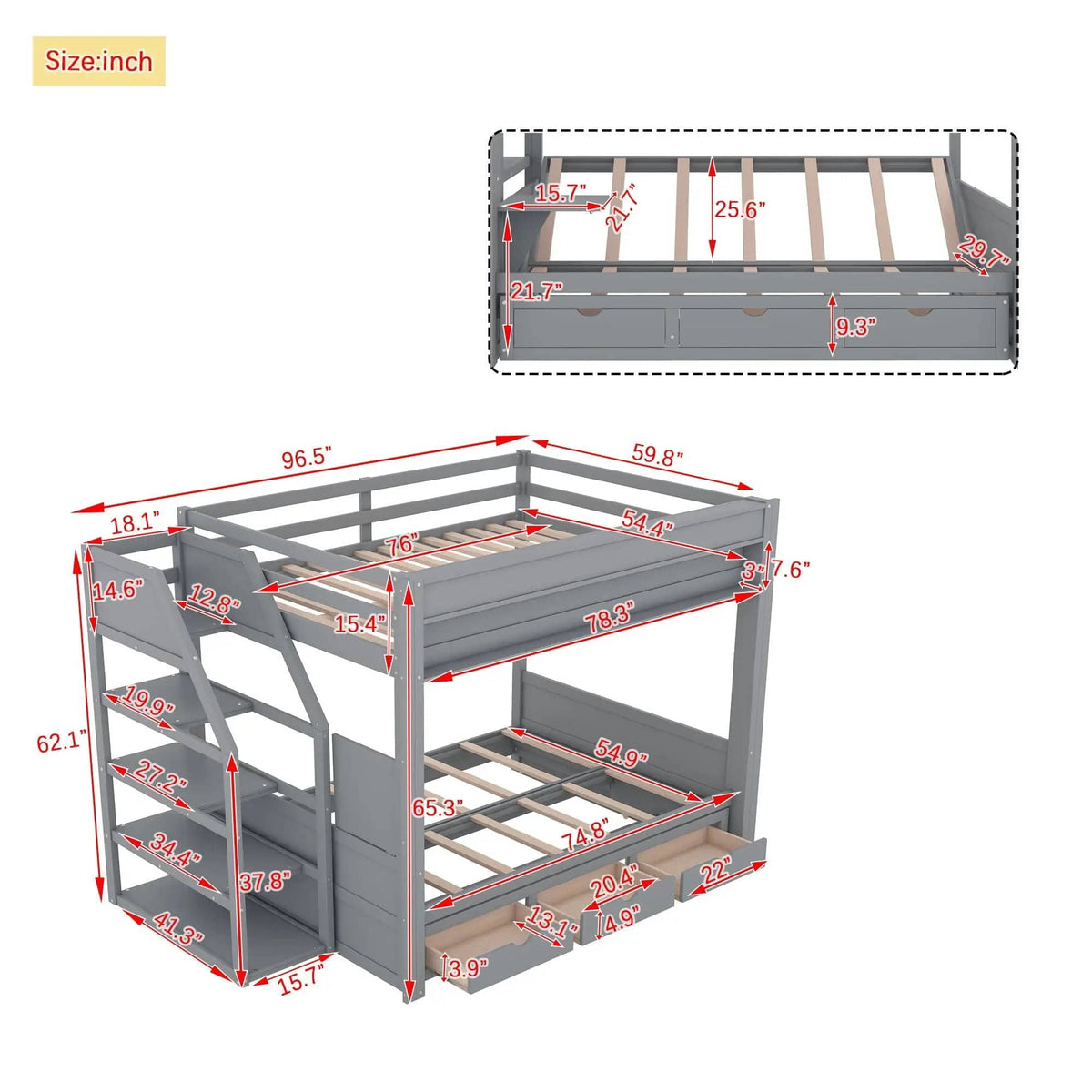 Wood Full Size Convertible Bunk Bed With Storage Staircase, Bedside Table, And 3 | 96.5 x 59.8 x 62.1 in | Pine Wood & Mdf | Gray