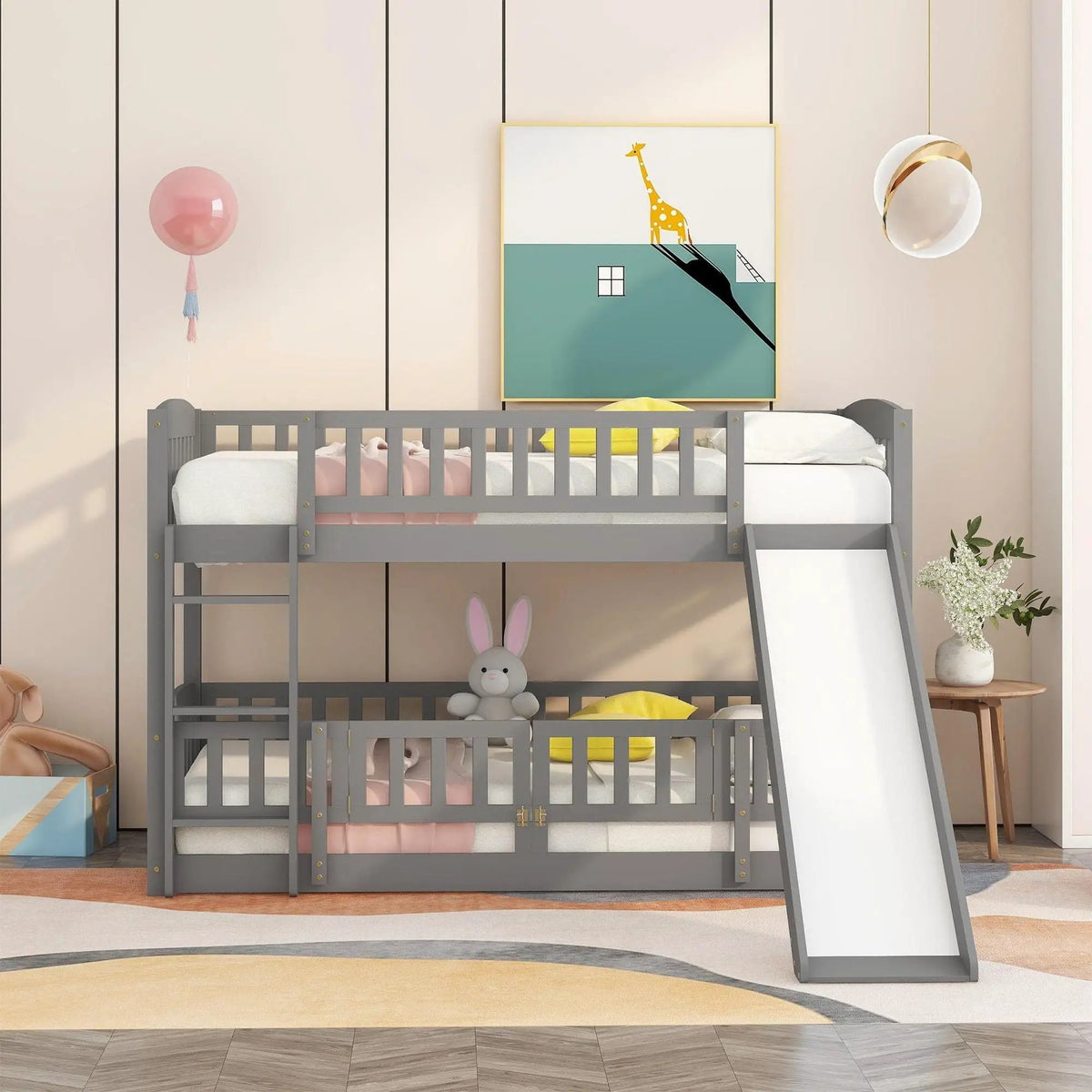Low Bunk Bed With Slide | Fence And Ladder | Built-In Play Area | Kids Bedroom