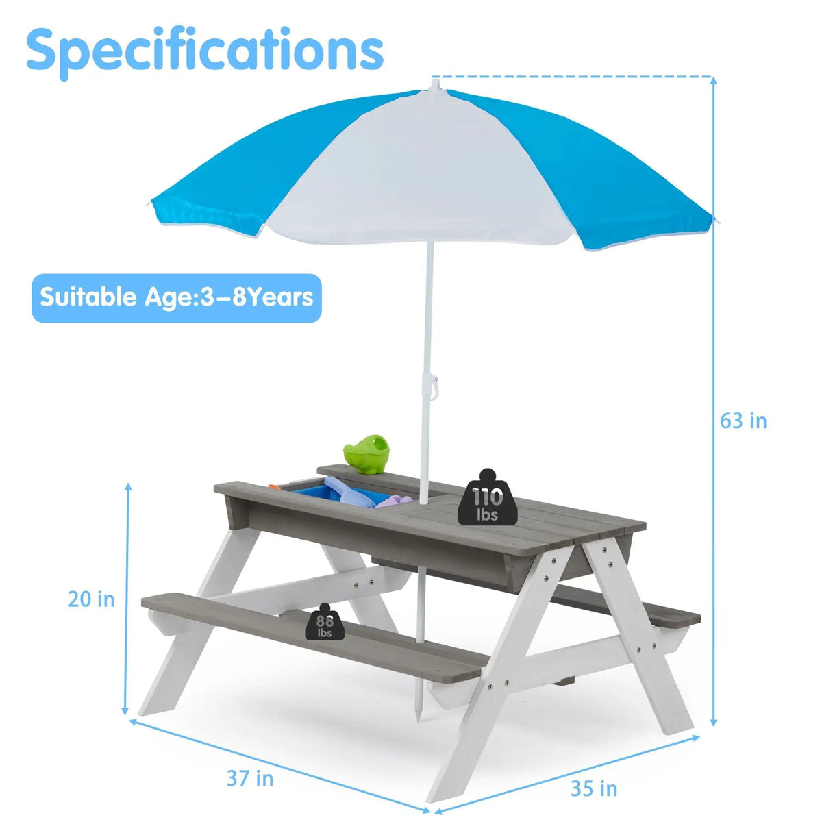 Kids Picnic Table With Umbrella | 3-In-1 Convertible Design | Natural Cedar Wood | Sand And Water Play