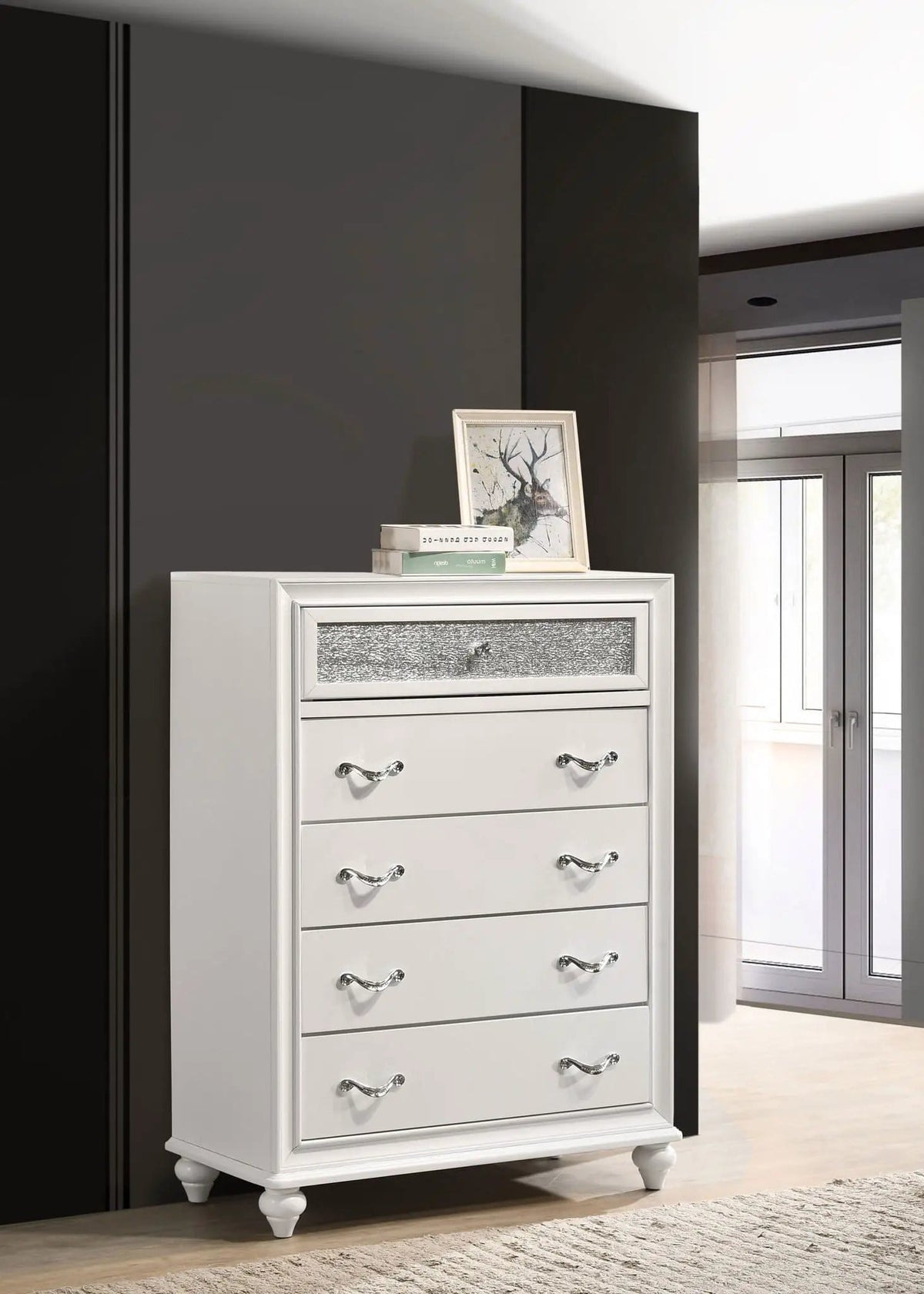 Barzini 5-drawer Bedroom Chest | 35.5 x 16.5 x 49.5 in | Crystal | White