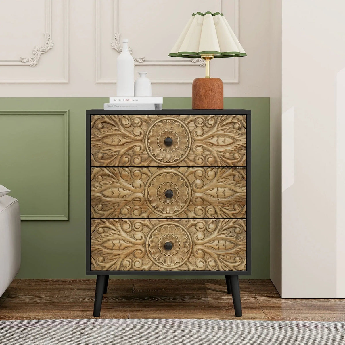 3 Drawer Nightstand | Solid Wood Panel | Hand Carved Relief | Black